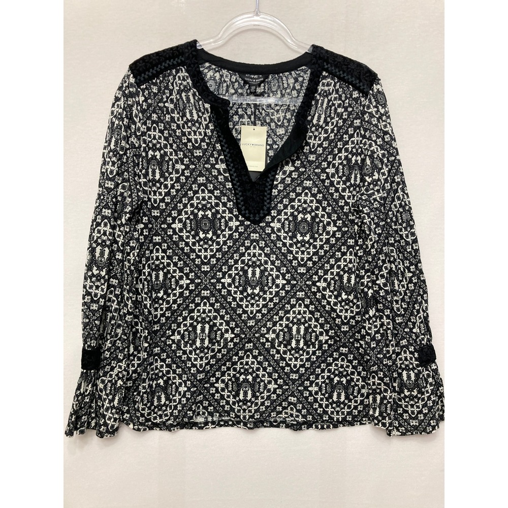 New Lucky Brand Blouse Large Black White Geometric Boho Crochet Top
